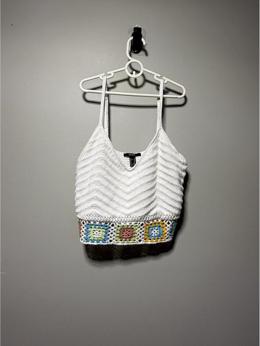 Crochet Granny Square Knit Crop Top White  XL Boho Festival Beach Vacation